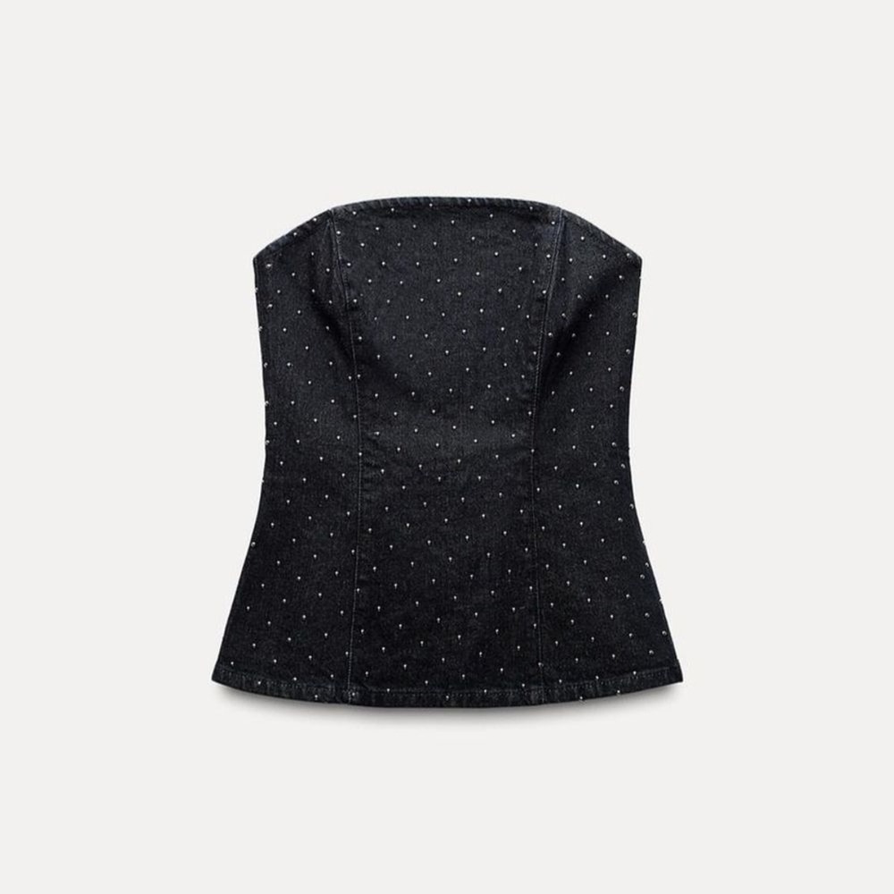 ZARA Dark Denim Blue Studded Corset Top Strapless Embellished Zipper‎ Front XXL